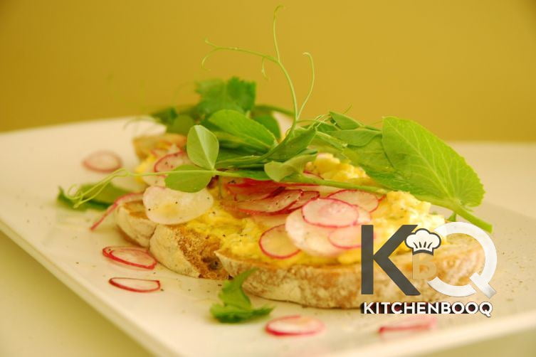 Curried Egg Salad, Radish and Fall Pea Shoot Tartine