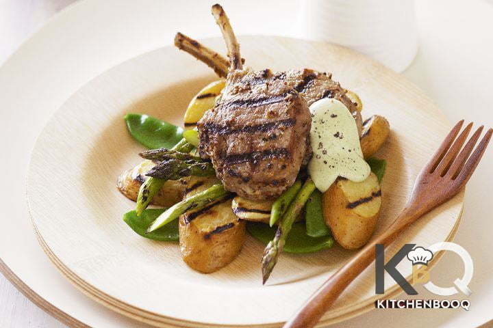 Mustard lamb cutlets with mint aioli and char-grilled potatoes