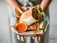 Golden crispy whole wheat wrap filled with black beans, red and green bell peppers, and melted pepper jack cheese on a white plate