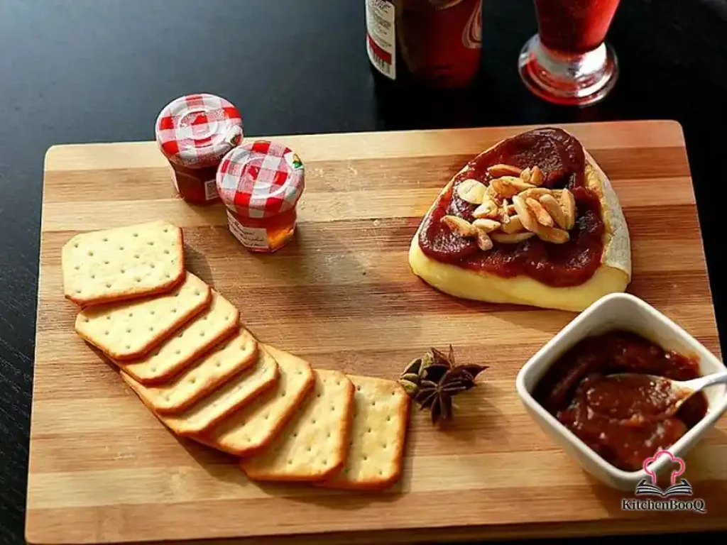 Warm baked Brie wheel topped with smooth chai-spiced date spread, served on a wooden board with crackers and toasted almonds