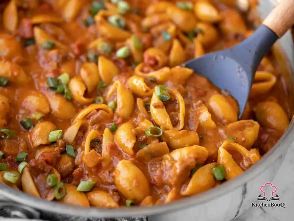 A large skillet filled with beef taco pasta shells in a thick, cheesy tomato sauce topped with shredded cheddar and sliced green onions