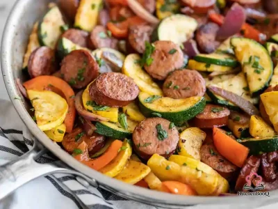 Cajun sausage and vegetable skillet with sliced Andouille sausage, zucchini, yellow squash, red bell pepper, and red onion garnished with fresh parsley