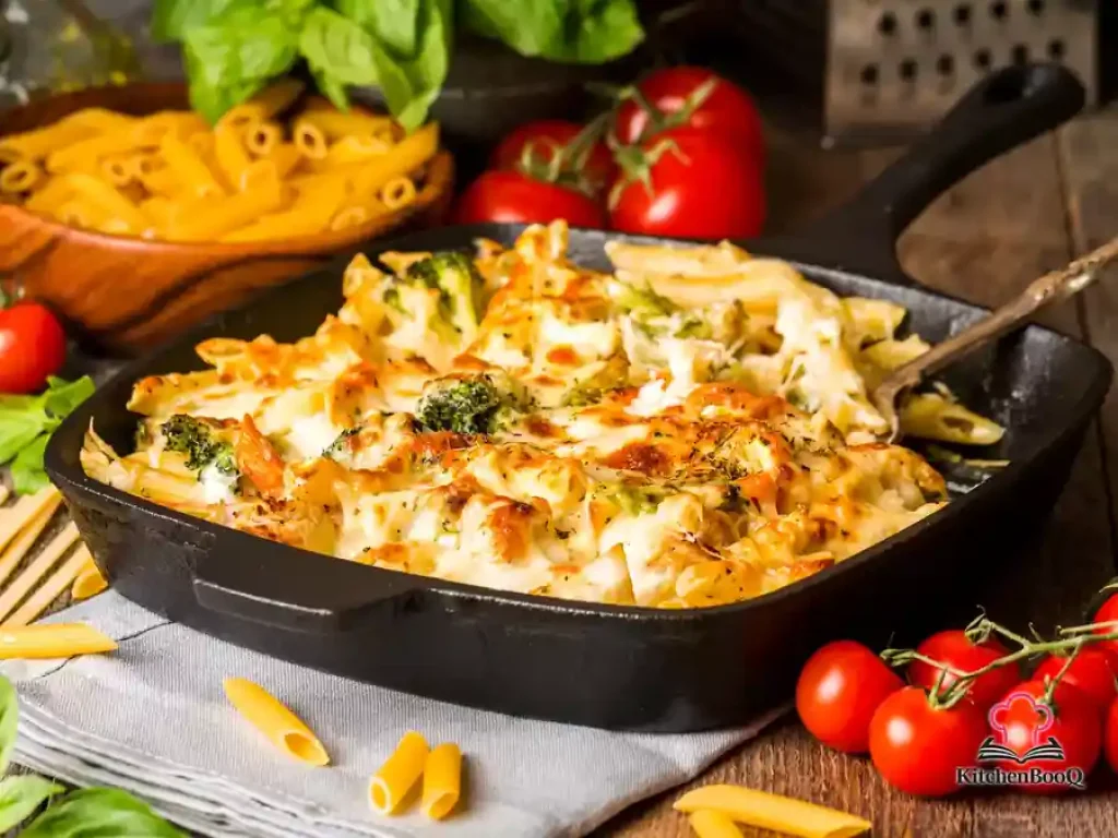 Golden cheesy broccoli pasta bake in a white ovenproof dish with bubbling melted cheddar and mozzarella topping