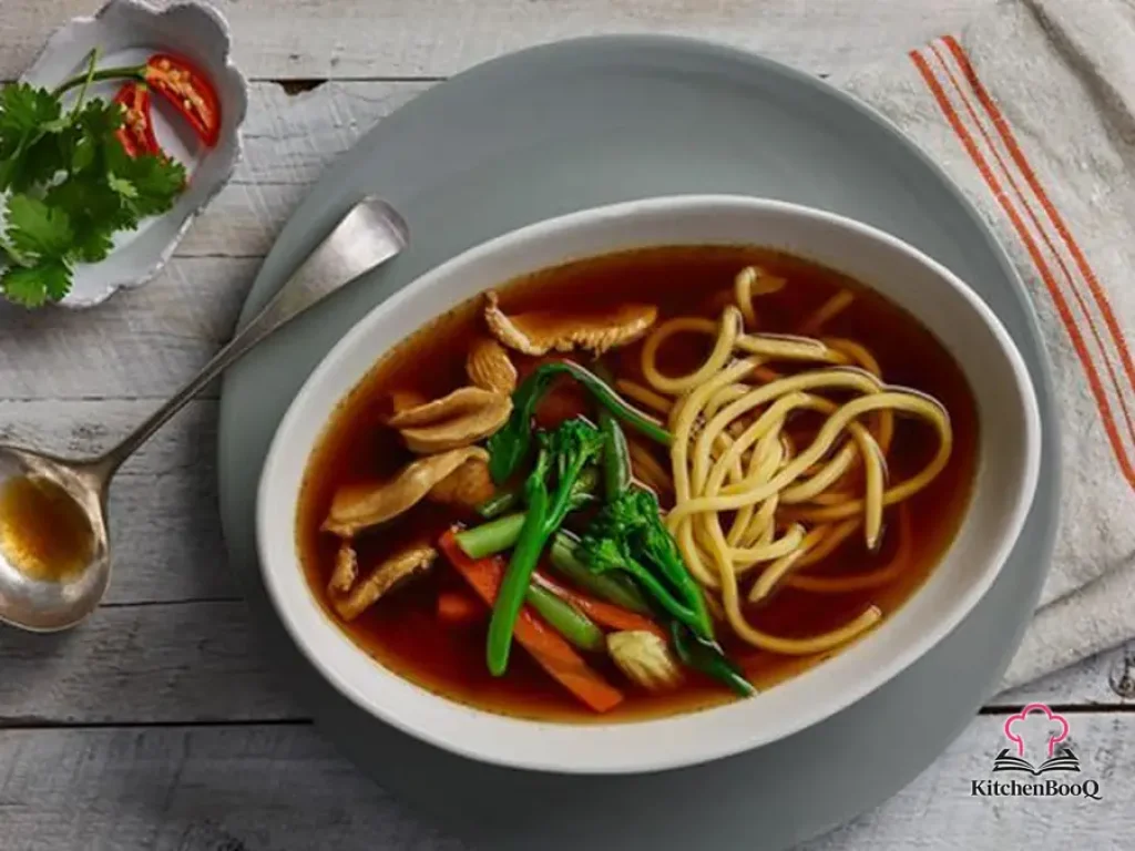 A steaming bowl of Chinese chicken noodle soup with hokkien noodles, sliced chicken breast, Asian vegetables, and spring onion garnish in a rich golden broth