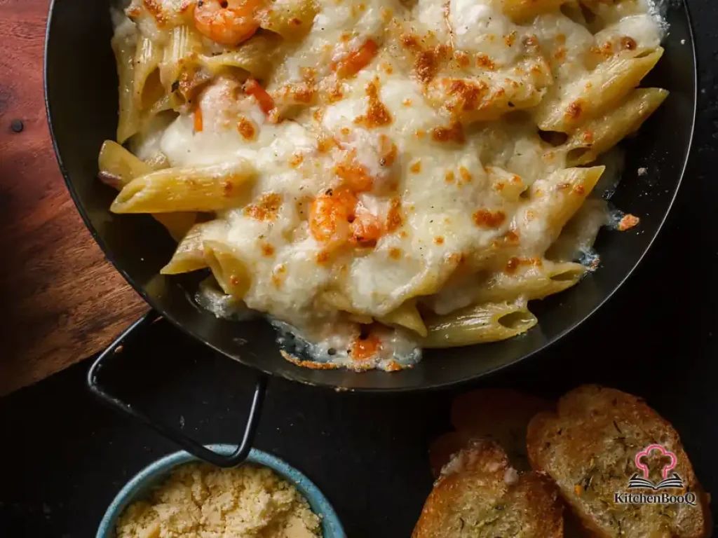 A skillet of cheesy taco penne ziti with golden melted Mexican cheese on top, seasoned ground beef, and tender penne pasta visible beneath the bubbling cheese layer
